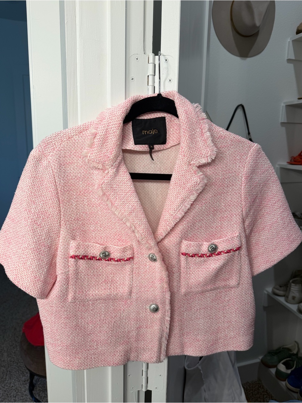 Maje Pink Tweed Short Sleeve Blazer
